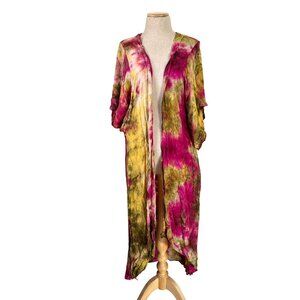 Tysa Women's Sz 0/1 Tie-Dye Open Front Duster Kimono in Pink & Yellow Rayon
